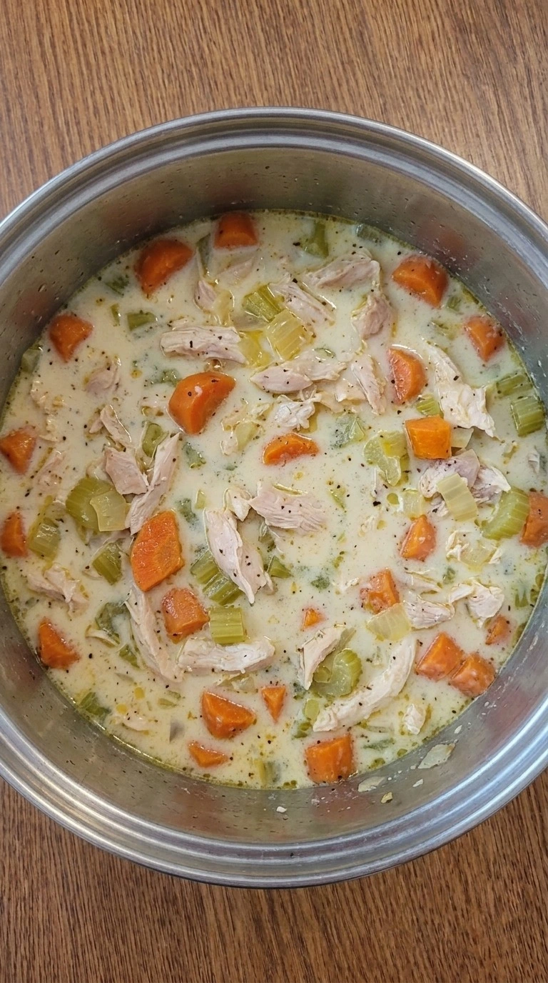Creamy Chicken Noodle Soup broth base with softened vegetables in pot Recipe focus: chicken noodle soup homemade.