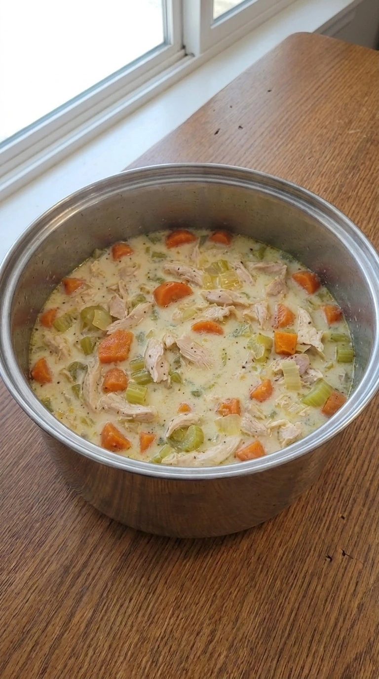 Creamy Chicken Noodle Soup with chicken noodles and vegetables simmering together Recipe focus: chicken noodle soup homemade.