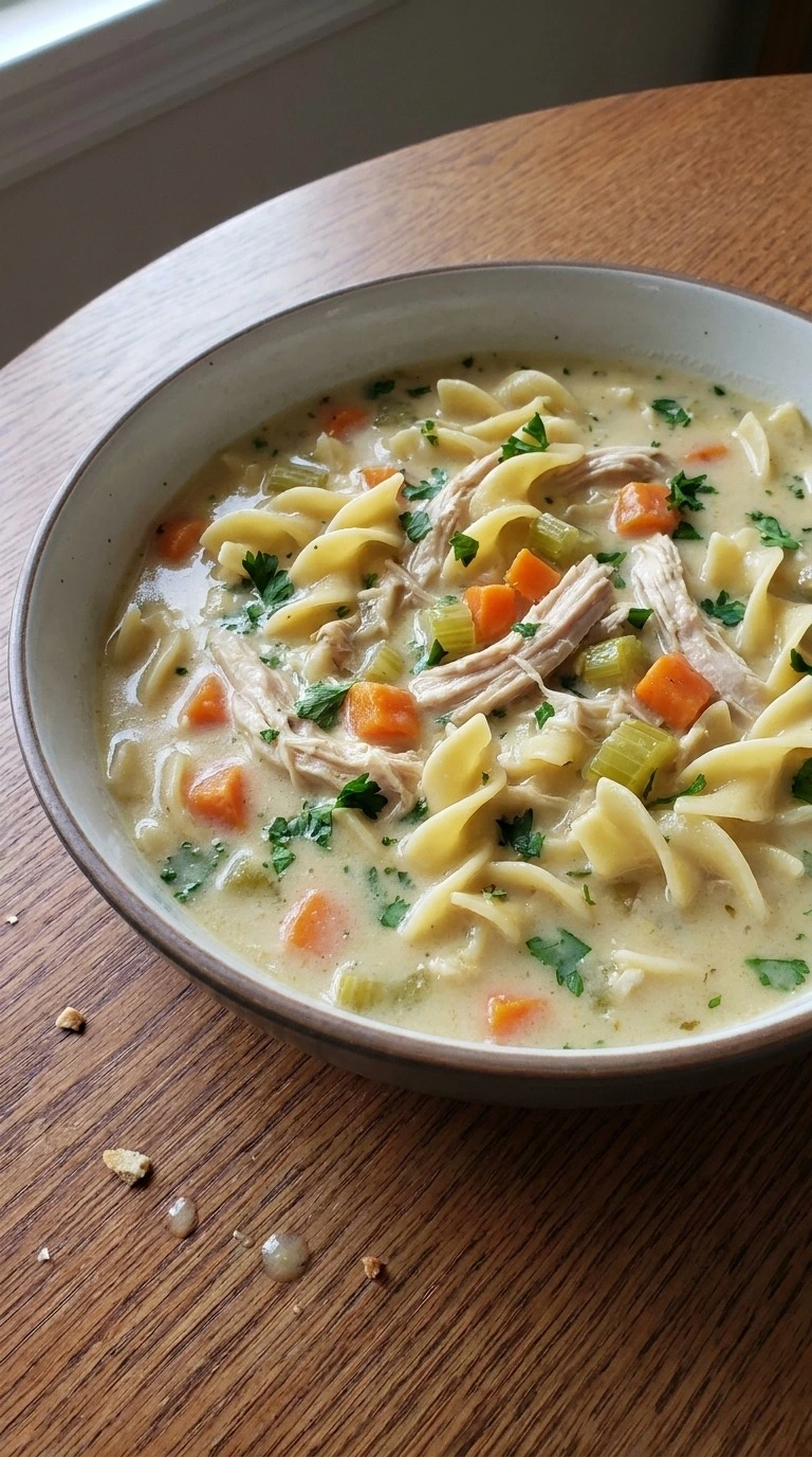 Creamy Chicken Noodle Soup finished bowl with creamy broth chicken noodles and parsley Recipe focus: chicken noodle soup recipe.