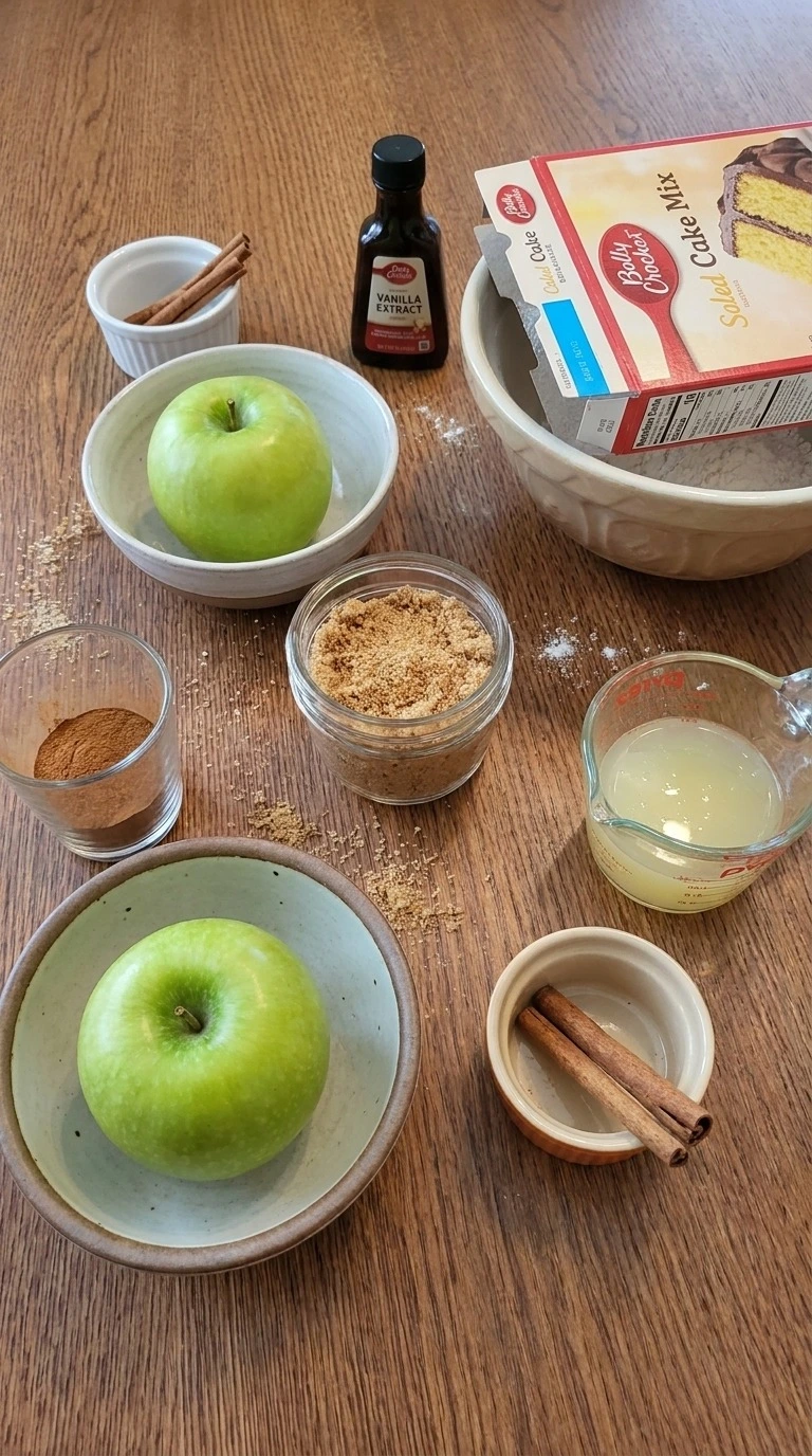 Crockpot Apple Crisp Cake Mixes ingredients with apples cake mix and spices Recipe focus: crockpot apple crisp easy cake mixes.