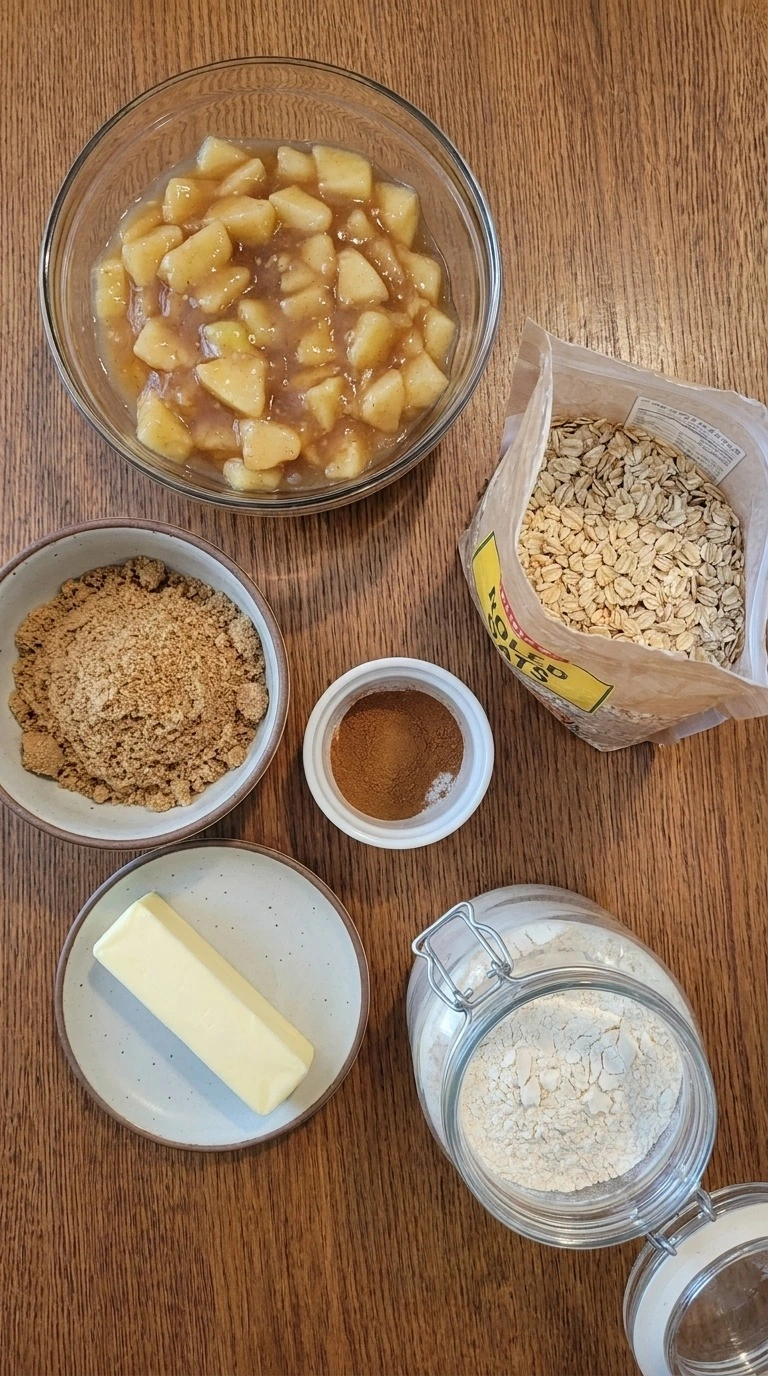 Crockpot Apple Crisp with Pie Filling ingredients including apples oats sugar and spices. Recipe focus: crock pot apple crisp with pie filling.