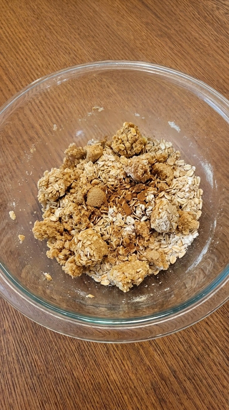 Crockpot Apple Crisp with Pie Filling topping mixed with oats and cinnamon crumbs. Recipe focus: crock pot apple crisp with pie filling.