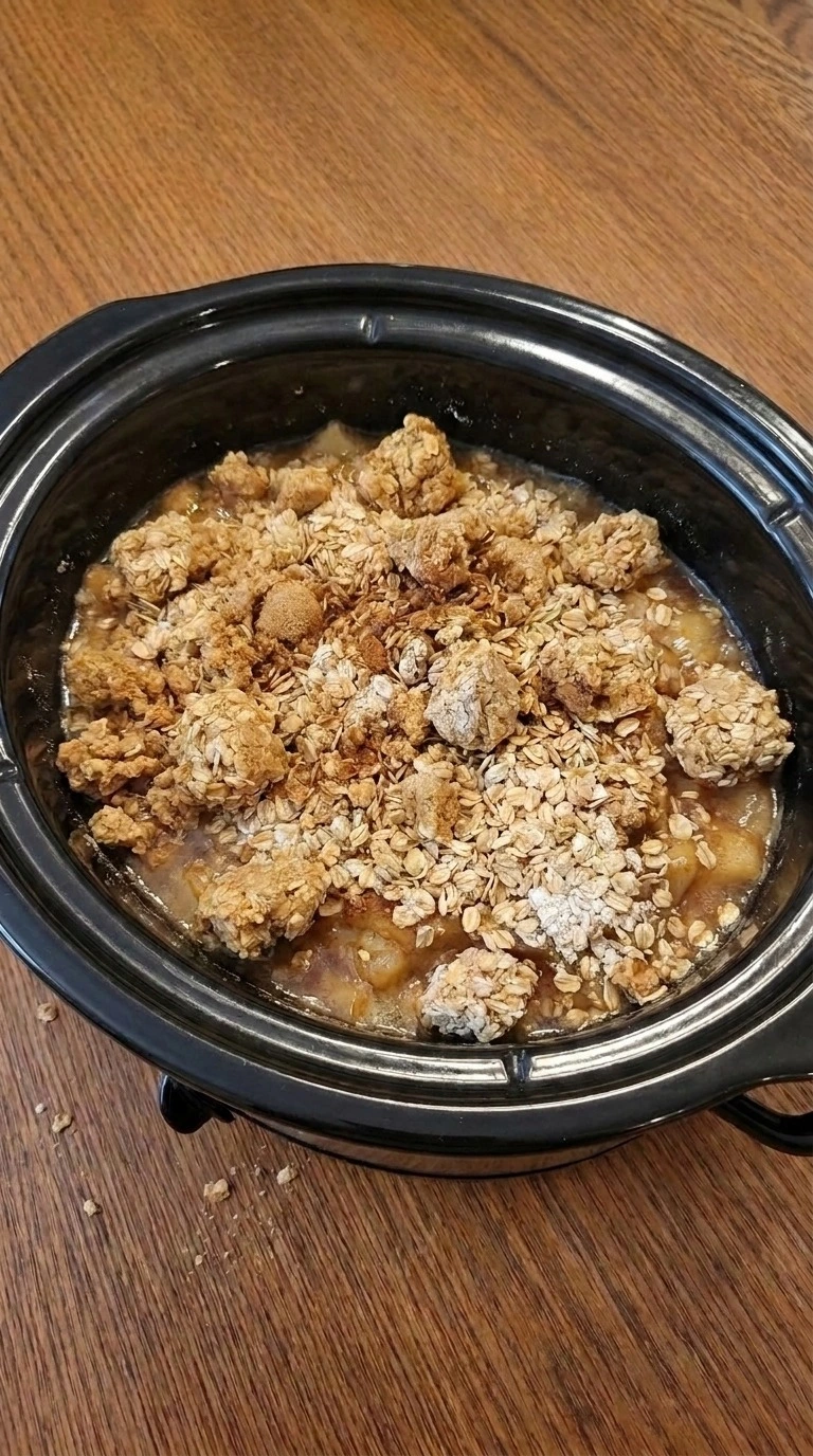 Crockpot Apple Crisp with Pie Filling slow cooking with golden oat topping. Recipe focus: crock pot apple crisp with pie filling.