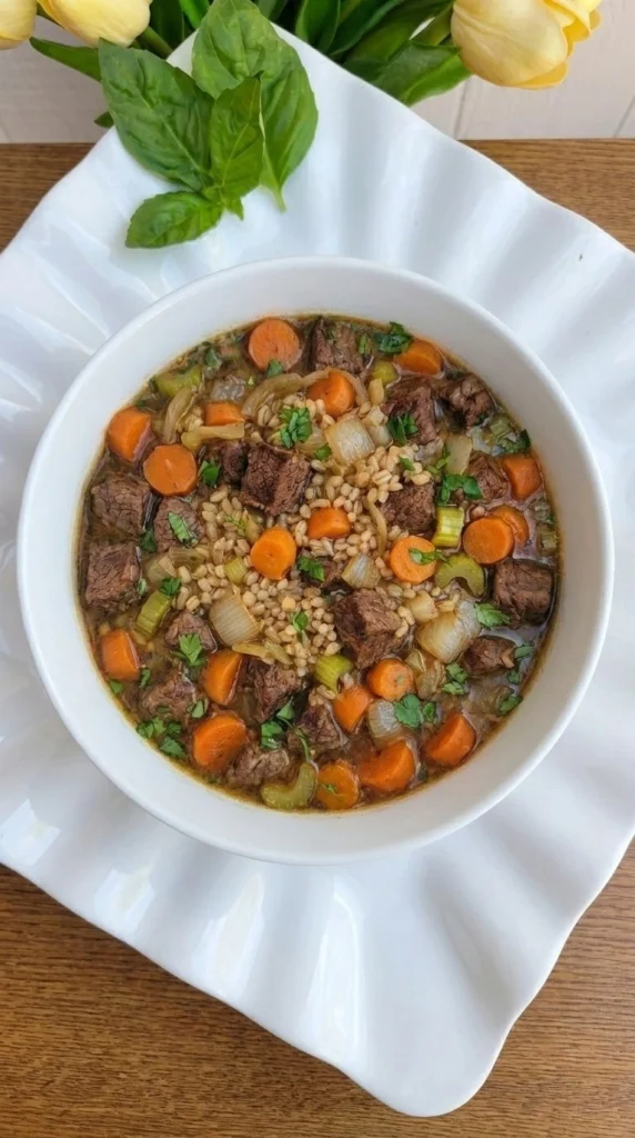 Crockpot Beef Barley Soup with tender beef, pearled barley and vegetables in a deep serving bowl Recipe focus: beef barley soup in crockpot.