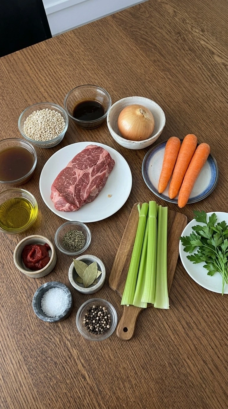 Crockpot Beef Barley Soup ingredients including chuck roast, pearled barley, vegetables, broth and herbs Recipe focus: beef barley soup in crockpot.