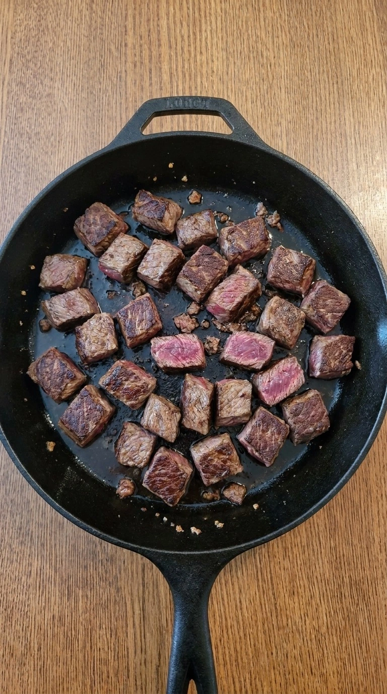 Crockpot Beef Barley Soup step showing 1 inch beef chuck cubes seared to a deep brown crust Recipe focus: beef barley soup in crockpot.