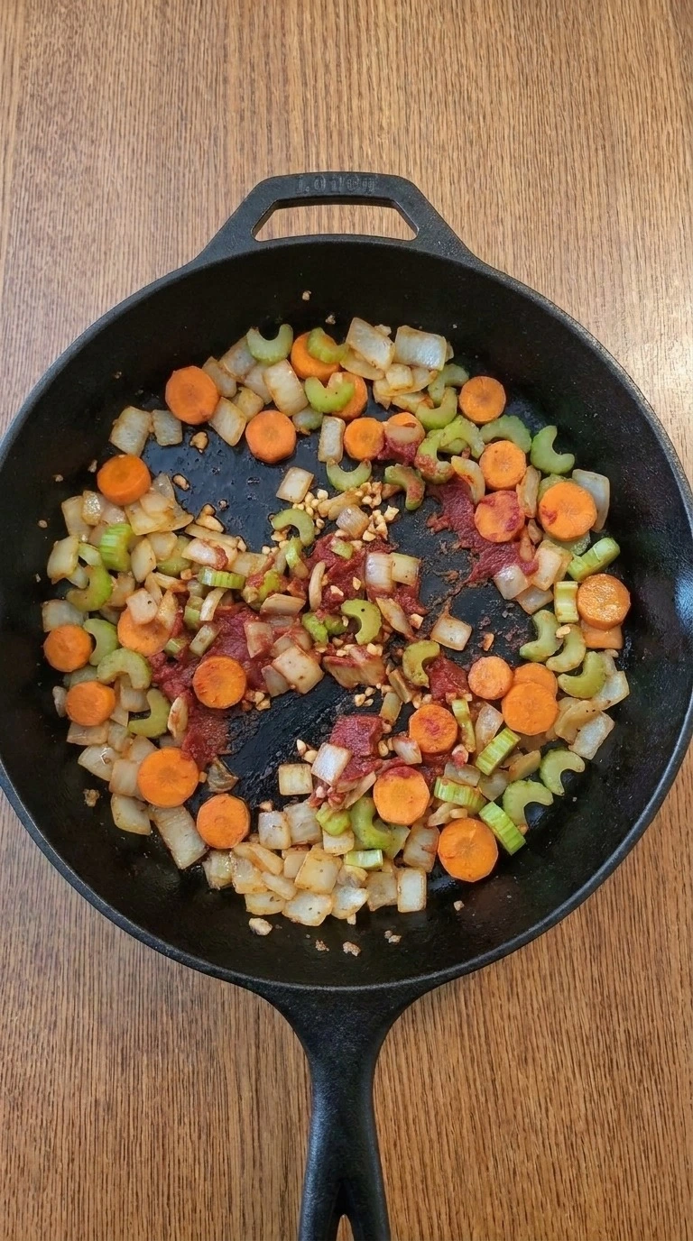Crockpot Beef Barley Soup step with onions, carrots, celery and tomato paste browning in the skillet Recipe focus: beef barley soup in crockpot.