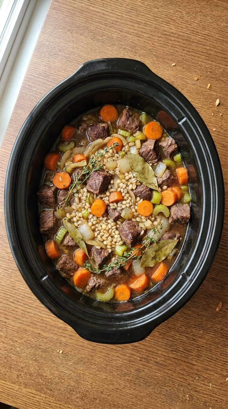 Crockpot Beef Barley Soup slow cooking with tender beef, swollen pearled barley and softened vegetables Recipe focus: beef barley soup in crockpot.