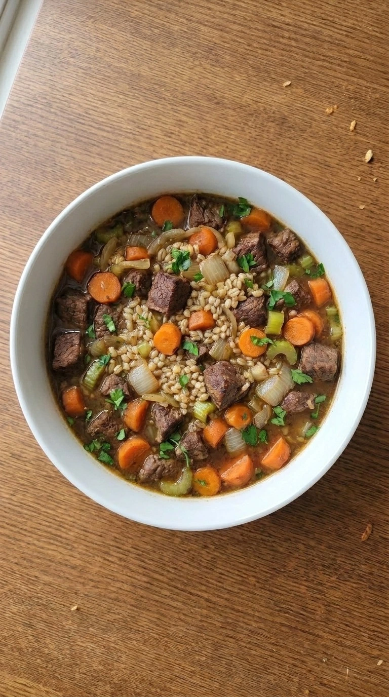Crockpot Beef Barley Soup finished with parsley, tender beef, pearled barley and softened vegetables Recipe focus: beef barley soup in crockpot.
