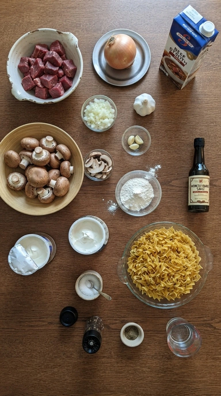 Crockpot Beef Stroganoff ingredients with beef mushrooms noodles and sauce items Recipe focus: beef stroganoff with cream of mushroom.