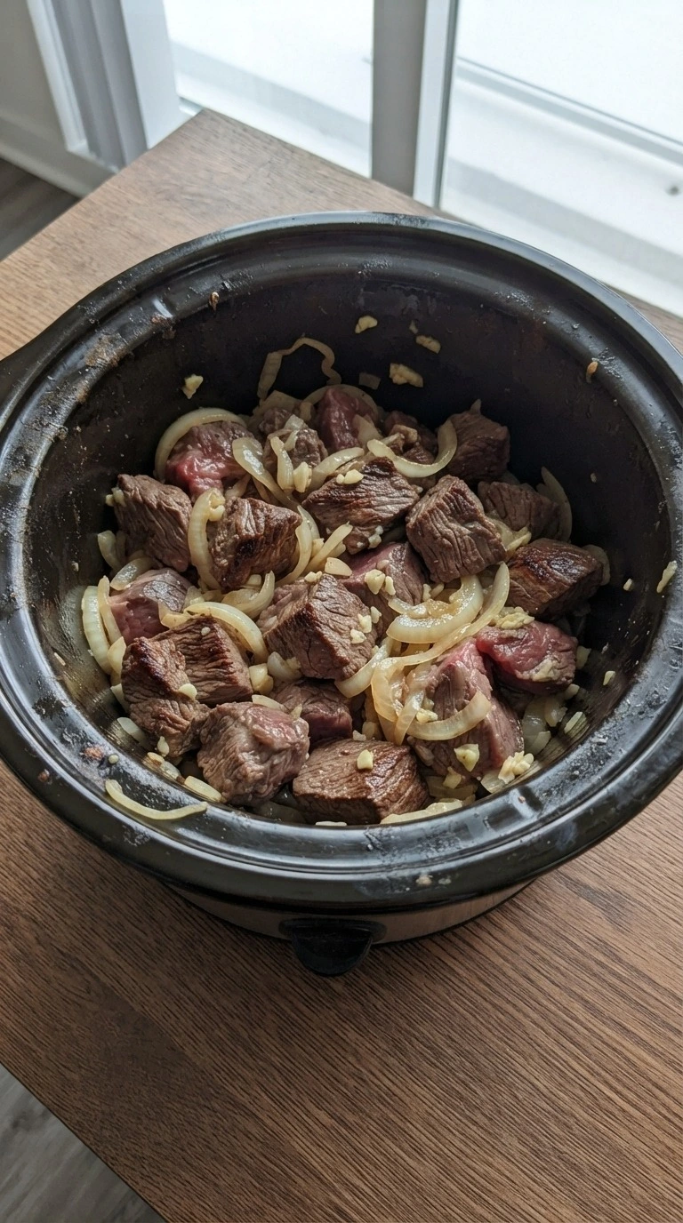 Crockpot Beef Stroganoff beef stew meat browning with onions before slow cooking Recipe focus: ground beef stroganoff recipe with cream of mushroom soup easy.