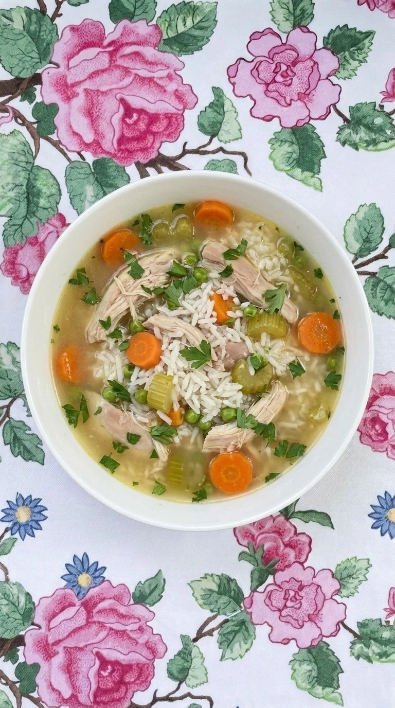 Crockpot Chicken and Rice Soup with shredded chicken, long-grain rice, carrots and peas in a white bowl Recipe focus: chicken and rice soup crockpot.