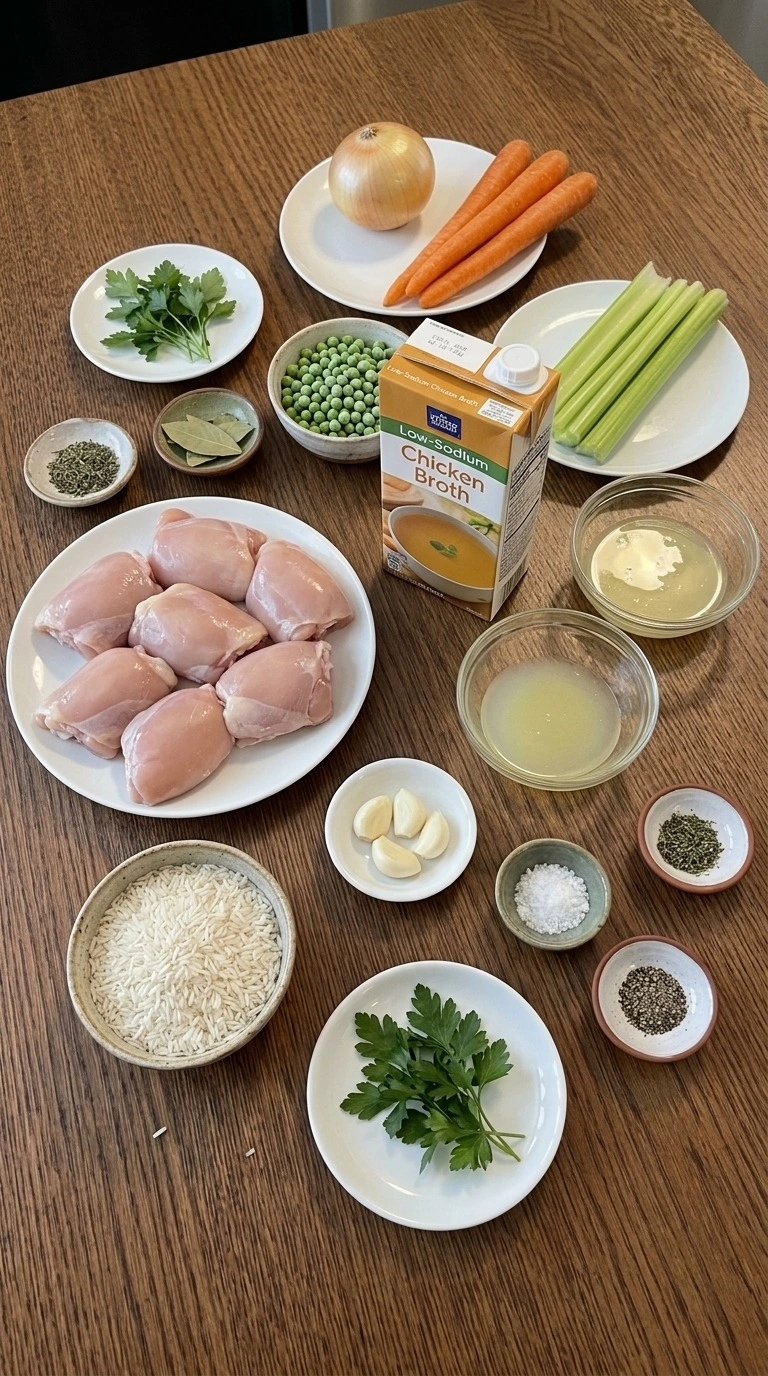 Crockpot Chicken and Rice Soup ingredients with chicken thighs, long-grain rice, vegetables, broth and herbs Recipe focus: chicken and rice soup crockpot.