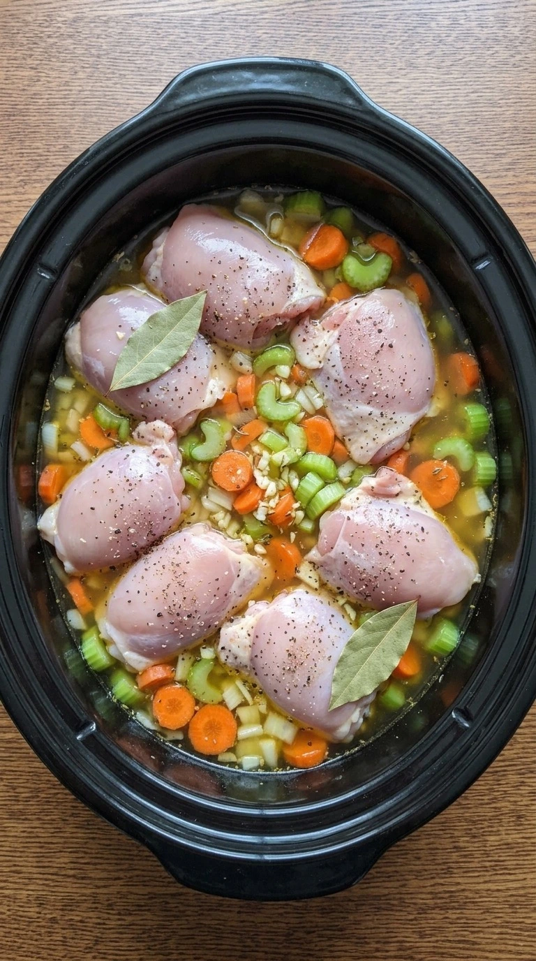Crockpot Chicken and Rice Soup step with raw chicken thighs layered over sliced vegetables and broth Recipe focus: chicken and rice soup crockpot.