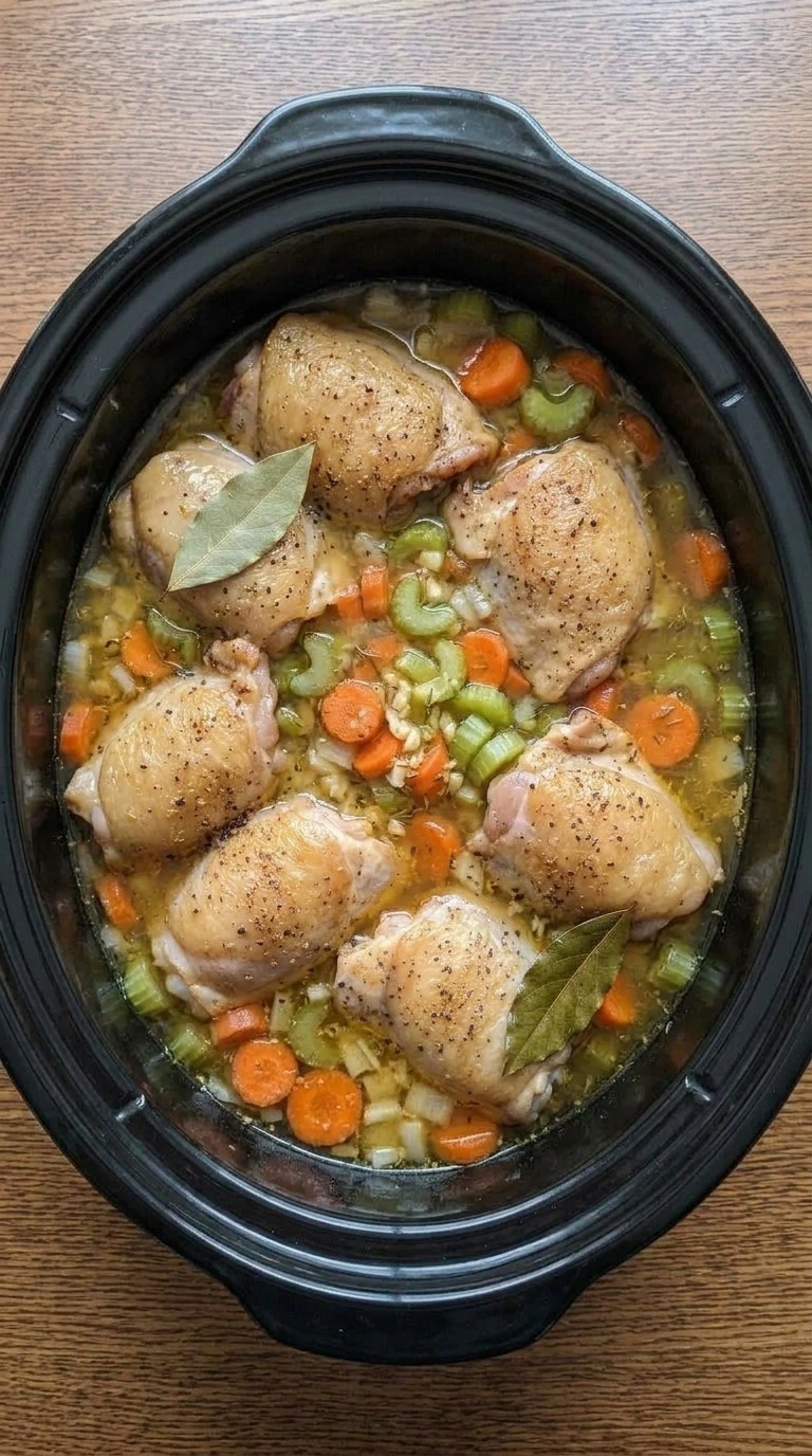 Crockpot Chicken and Rice Soup step with opaque tender chicken thighs and softened vegetables in golden broth Recipe focus: chicken and rice soup crockpot.