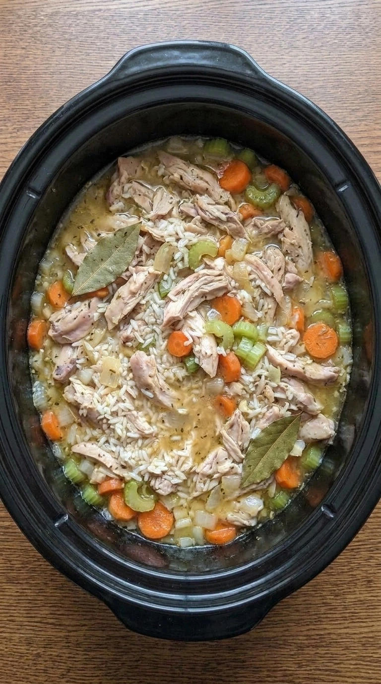 Crockpot Chicken and Rice Soup step with shredded chicken and swollen long-grain rice in silky broth Recipe focus: chicken and rice soup crockpot.