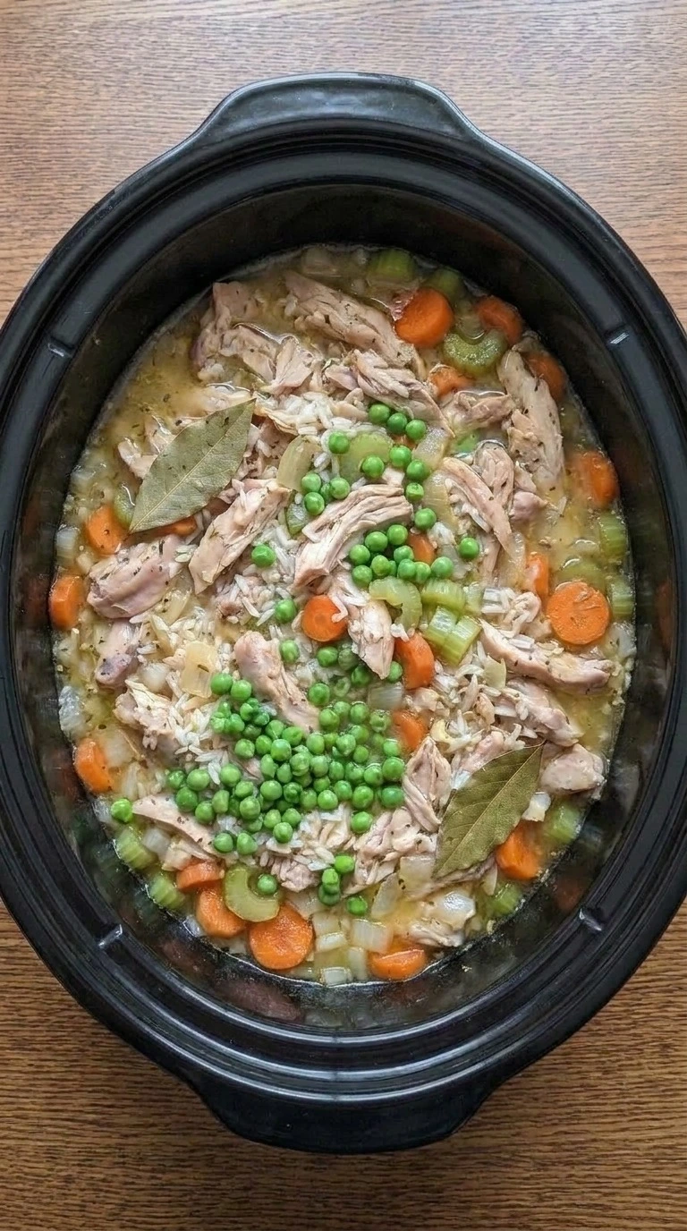Crockpot Chicken and Rice Soup step with bright green peas folded into shredded chicken and rice Recipe focus: chicken and rice soup crockpot.