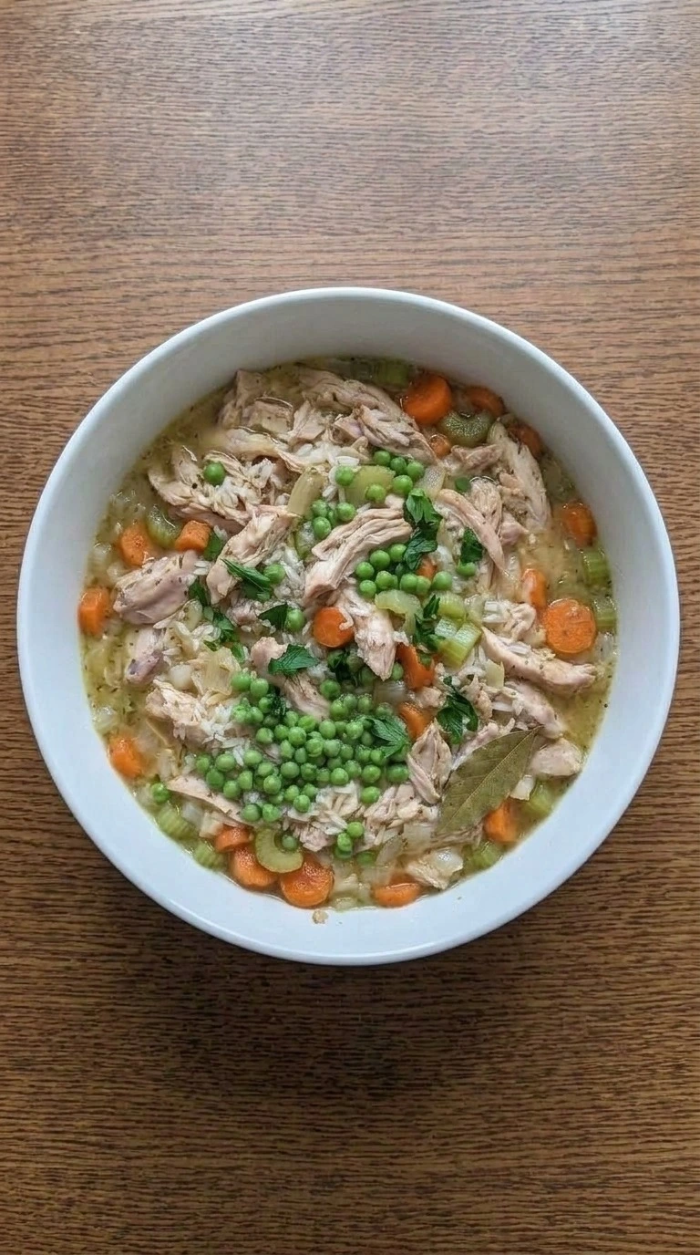 Crockpot Chicken and Rice Soup served with shredded chicken, rice, vegetables and parsley in one bowl Recipe focus: chicken and rice soup crockpot.