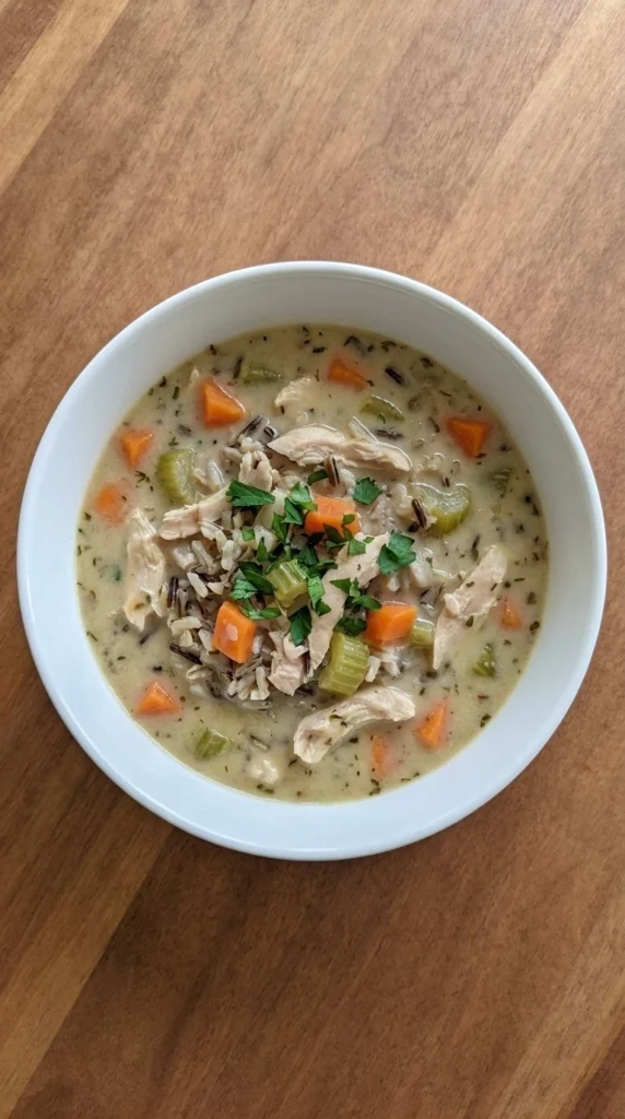 Crockpot Chicken and Wild Rice Soup with shredded chicken, wild rice and vegetables in creamy broth Recipe focus: chicken and wild rice soup crockpot.