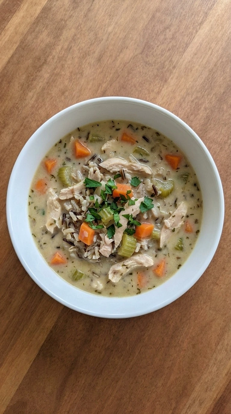 Crockpot Chicken and Wild Rice Soup with shredded chicken, wild rice and vegetables in creamy broth Recipe focus: chicken and wild rice soup crockpot.
