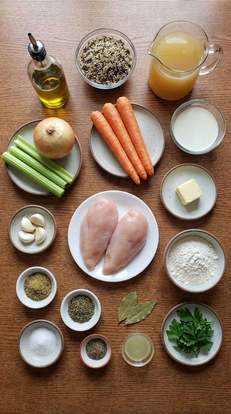 Crockpot Chicken and Wild Rice Soup ingredients with chicken breasts, wild rice, vegetables, stock and milk Recipe focus: chicken wild rice soup crockpot.