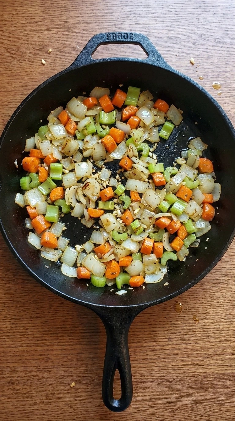 Crockpot Chicken and Wild Rice Soup step with softened onion, carrot, celery and garlic in a skillet Recipe focus: chicken wild rice soup crockpot.