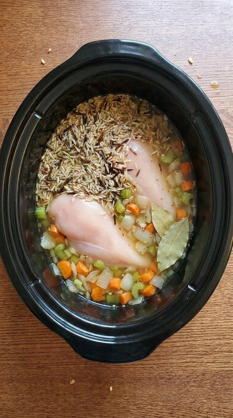 Crockpot Chicken and Wild Rice Soup step with wild rice, stock and 2 raw chicken breasts in a slow cooker Recipe focus: chicken and wild rice soup crockpot.
