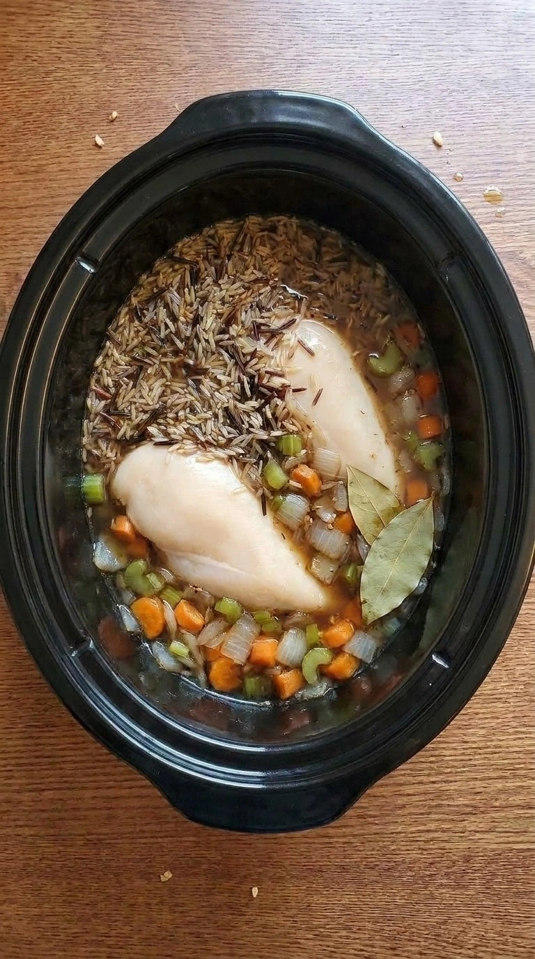 Crockpot Chicken and Wild Rice Soup after slow cooking with split wild rice and opaque chicken breasts Recipe focus: chicken wild rice soup crockpot.