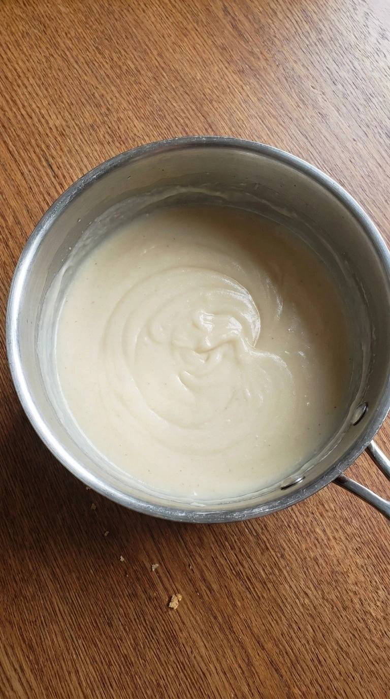 Crockpot Chicken and Wild Rice Soup step with a pale silky milk roux thickening in a saucepan Recipe focus: chicken wild rice soup crockpot.