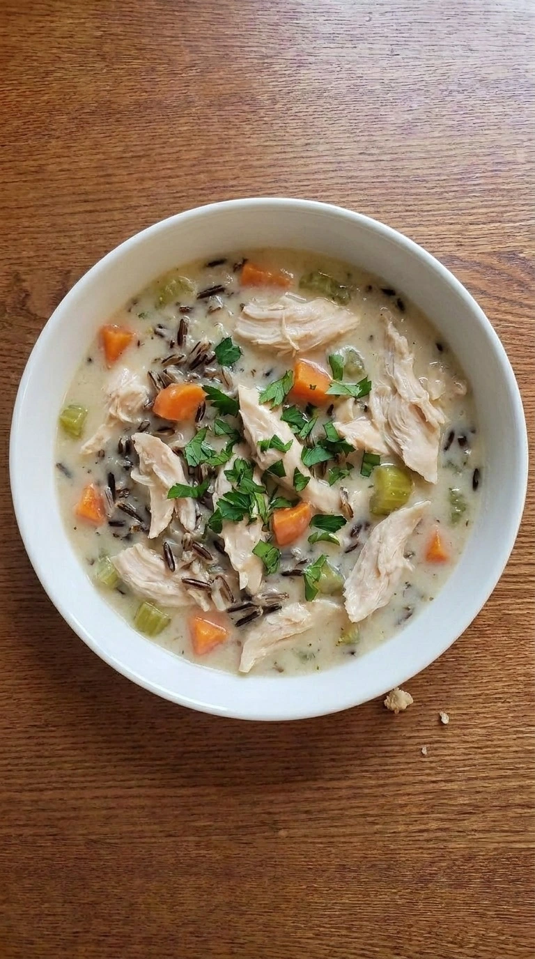 Crockpot Chicken and Wild Rice Soup served in a bowl with shredded chicken, wild rice and parsley Recipe focus: chicken and wild rice soup crockpot.