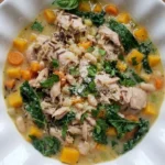 Crockpot Fall Soups with chicken, butternut squash, wild rice, beans and kale in creamy broth Recipe focus: fall soups crockpot.