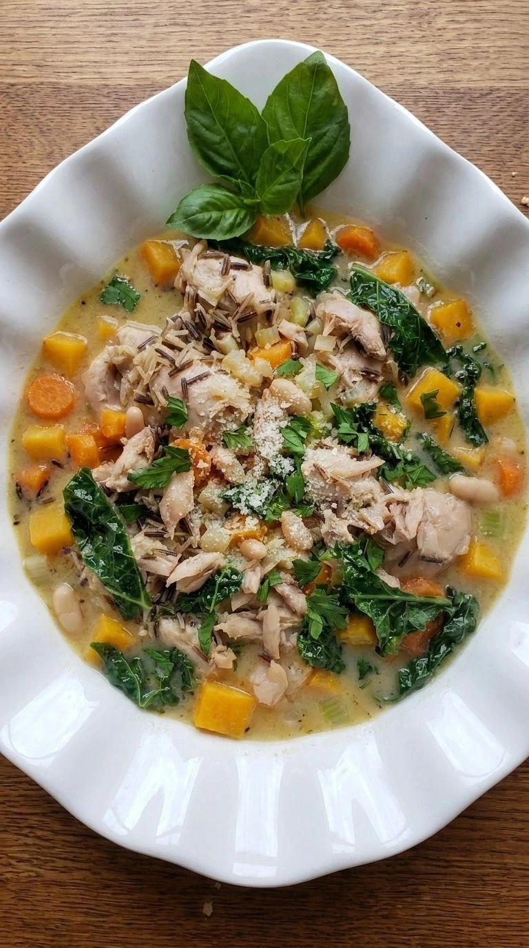 Crockpot Fall Soups with chicken, butternut squash, wild rice, beans and kale in creamy broth Recipe focus: fall soups crockpot.