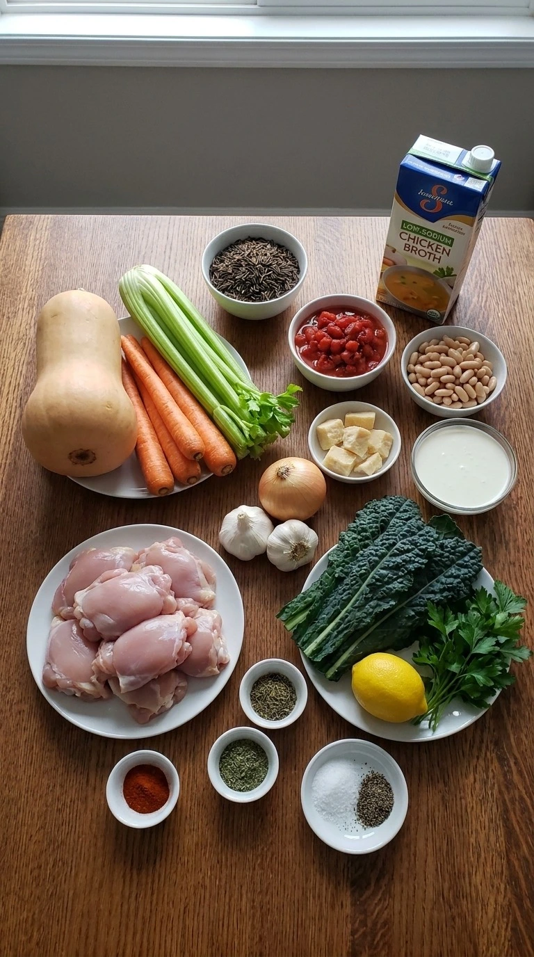Crockpot Fall Soups ingredients with chicken thighs, squash, wild rice, kale, beans and broth Recipe focus: best crockpot soups.