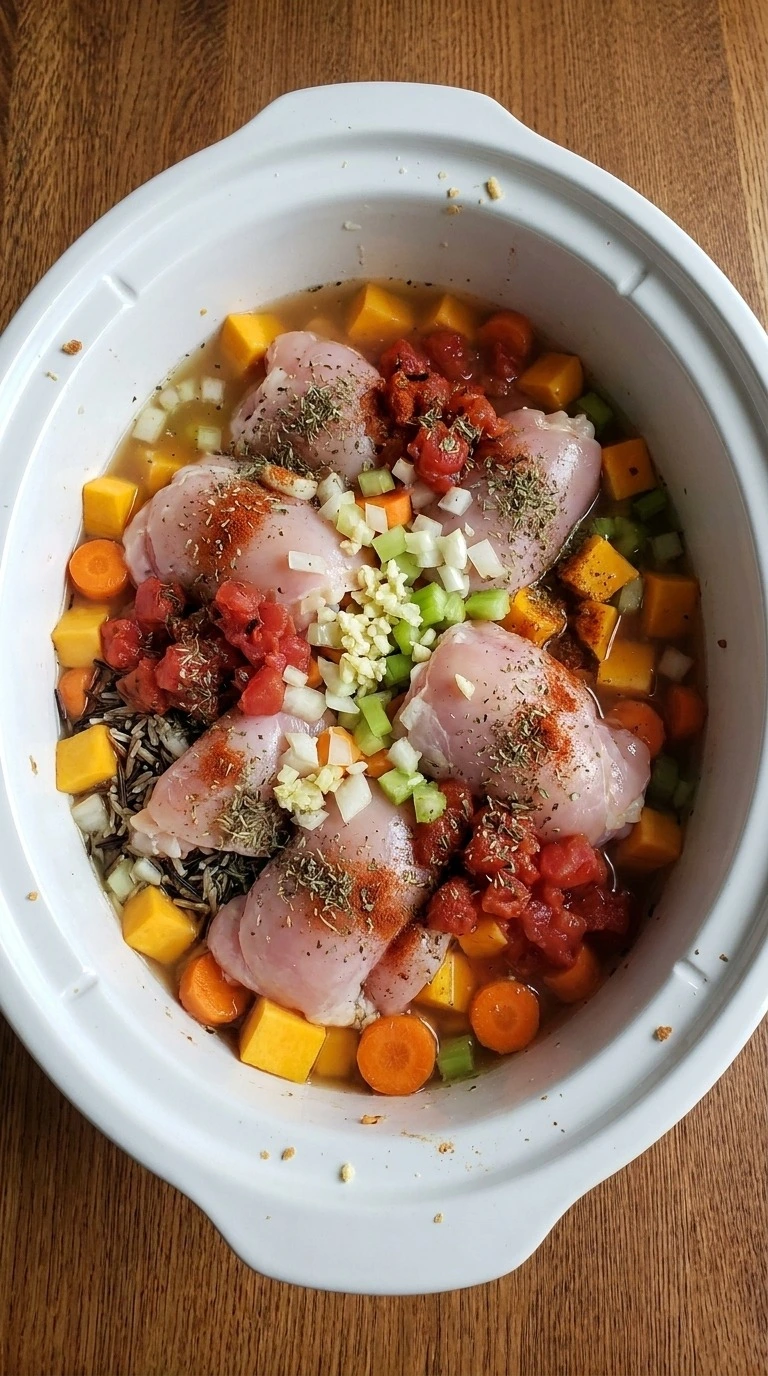 Crockpot Fall Soups step with raw chicken thighs layered over squash, carrots, wild rice and broth Recipe focus: fall soups and stews.