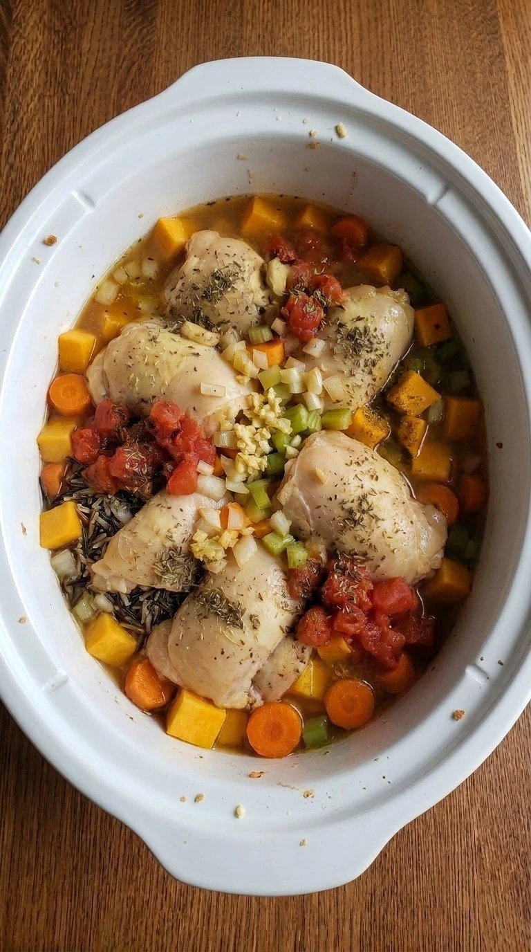 Crockpot Fall Soups after slow cooking with tender chicken, orange squash and opened wild rice grains Recipe focus: fall soup ideas.