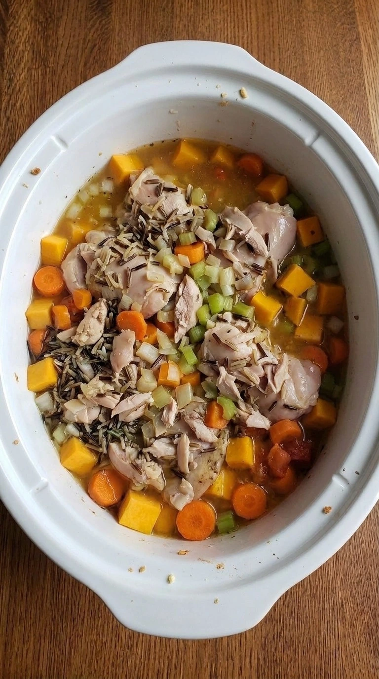 Crockpot Fall Soups with rough shredded chicken mixed through squash, carrots and wild rice Recipe focus: crock pot soups and stews.
