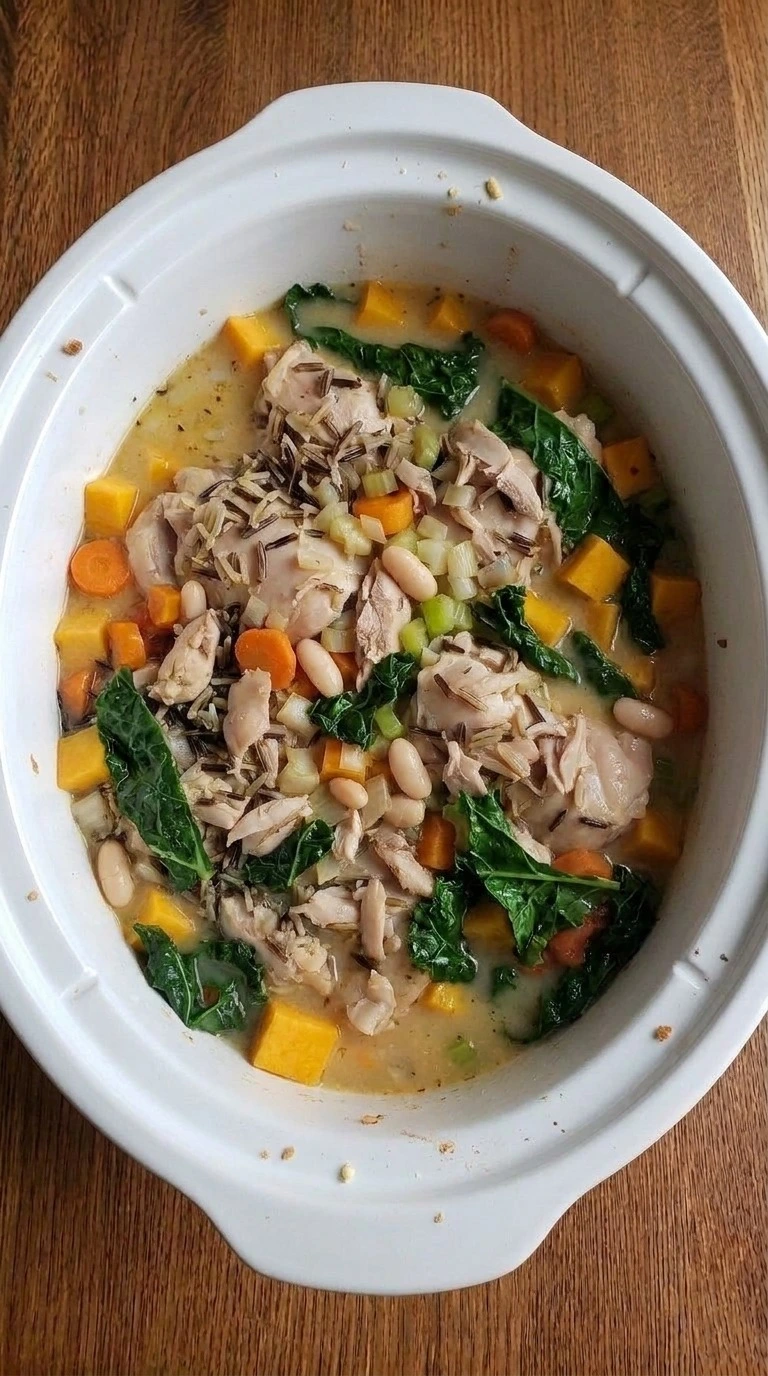 Crockpot Fall Soups with cannellini beans, dark green kale and cream folded into chicken and wild rice Recipe focus: crockpot soups and stews.