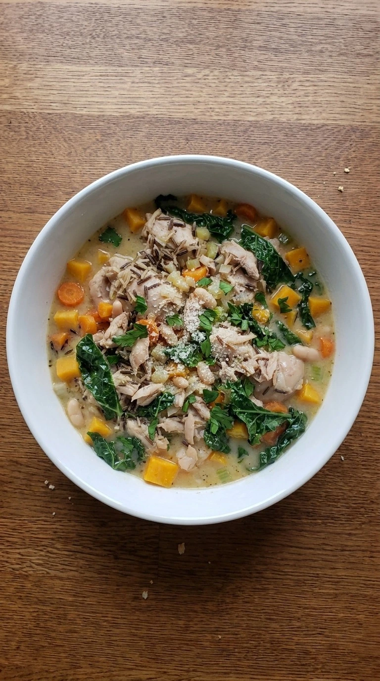 Crockpot Fall Soups served with chicken, squash, wild rice, beans, kale, Parmesan and parsley Recipe focus: fall soups crockpot.