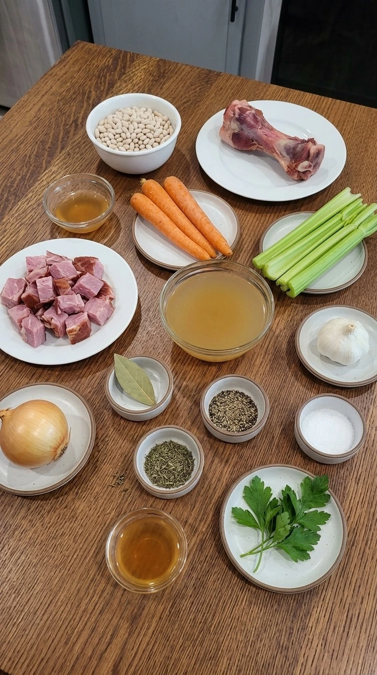 Crockpot Ham and Bean Soup ingredients with Great Northern beans, smoked ham bone, vegetables, broth and seasonings Recipe focus: pea and ham soup slow cooker.