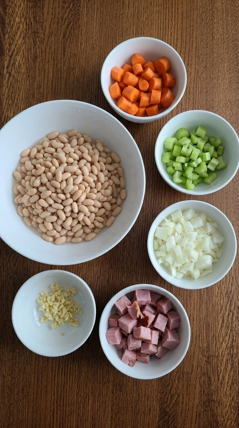 Crockpot Ham and Bean Soup step 1 with rinsed Great Northern beans and freshly cut vegetables and smoked ham Recipe focus: 15 bean soup with ham.