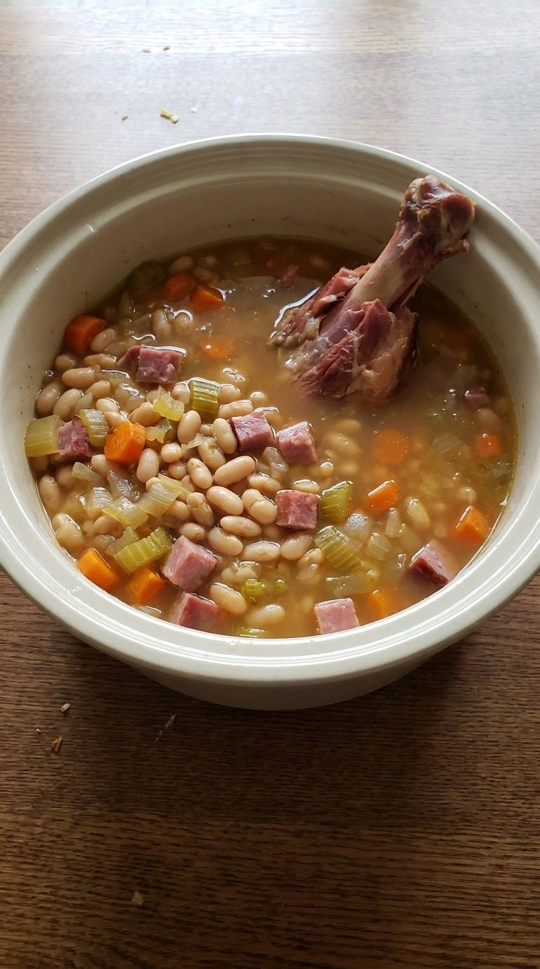 Crockpot Ham and Bean Soup step 2 with tender beans, vegetables and smoked ham bone in amber broth Recipe focus: bean and ham hock soup.