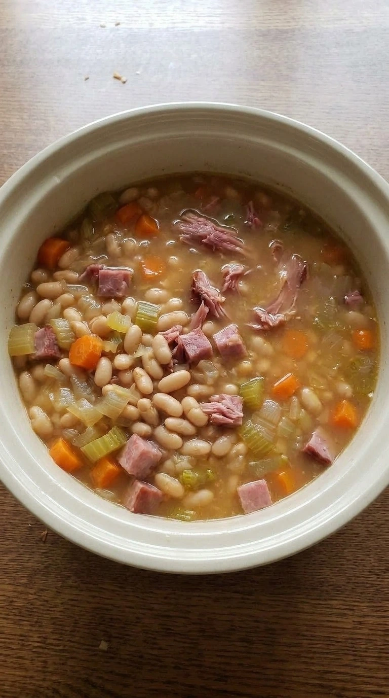 Crockpot Ham and Bean Soup step 3 with shredded smoked ham and partly mashed Great Northern beans Recipe focus: slow cooker ham and bean soup.