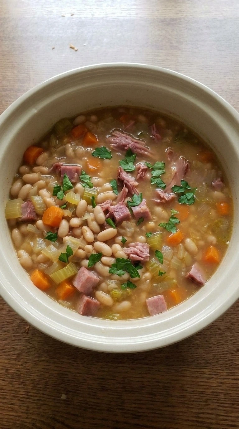 Crockpot Ham and Bean Soup step 4 served with creamy white beans, smoked ham, carrots and parsley Recipe focus: bean soup with ham bone.