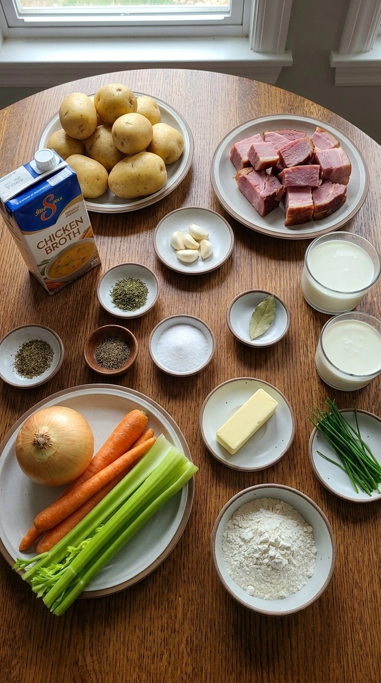 Crockpot Ham and Potato Soup ingredients with Yukon Gold potatoes, smoked ham, vegetables and dairy Recipe focus: easy potato soup crock pot.