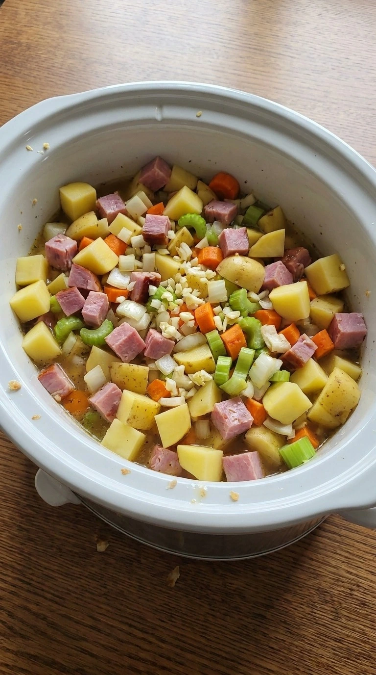 Crockpot Ham and Potato Soup ingredients loaded into the slow cooker before the long cook Recipe focus: slow cooker ham and potato soup.
