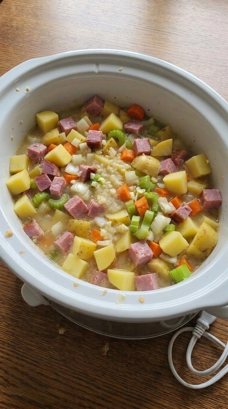 Crockpot Ham and Potato Soup after some Yukon Gold potatoes are mashed to thicken the broth Recipe focus: ham and potato soup stove top.