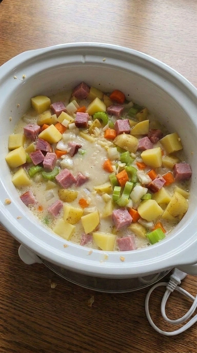 Crockpot Ham and Potato Soup after the creamy roux thickens around tender potatoes and smoked ham Recipe focus: healthy crockpot recipes.