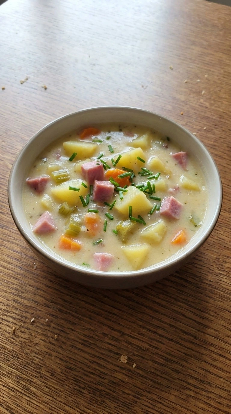 Crockpot Ham and Potato Soup served in a bowl with smoked ham, Yukon Gold potatoes and chives Recipe focus: ham soup recipes crockpot.