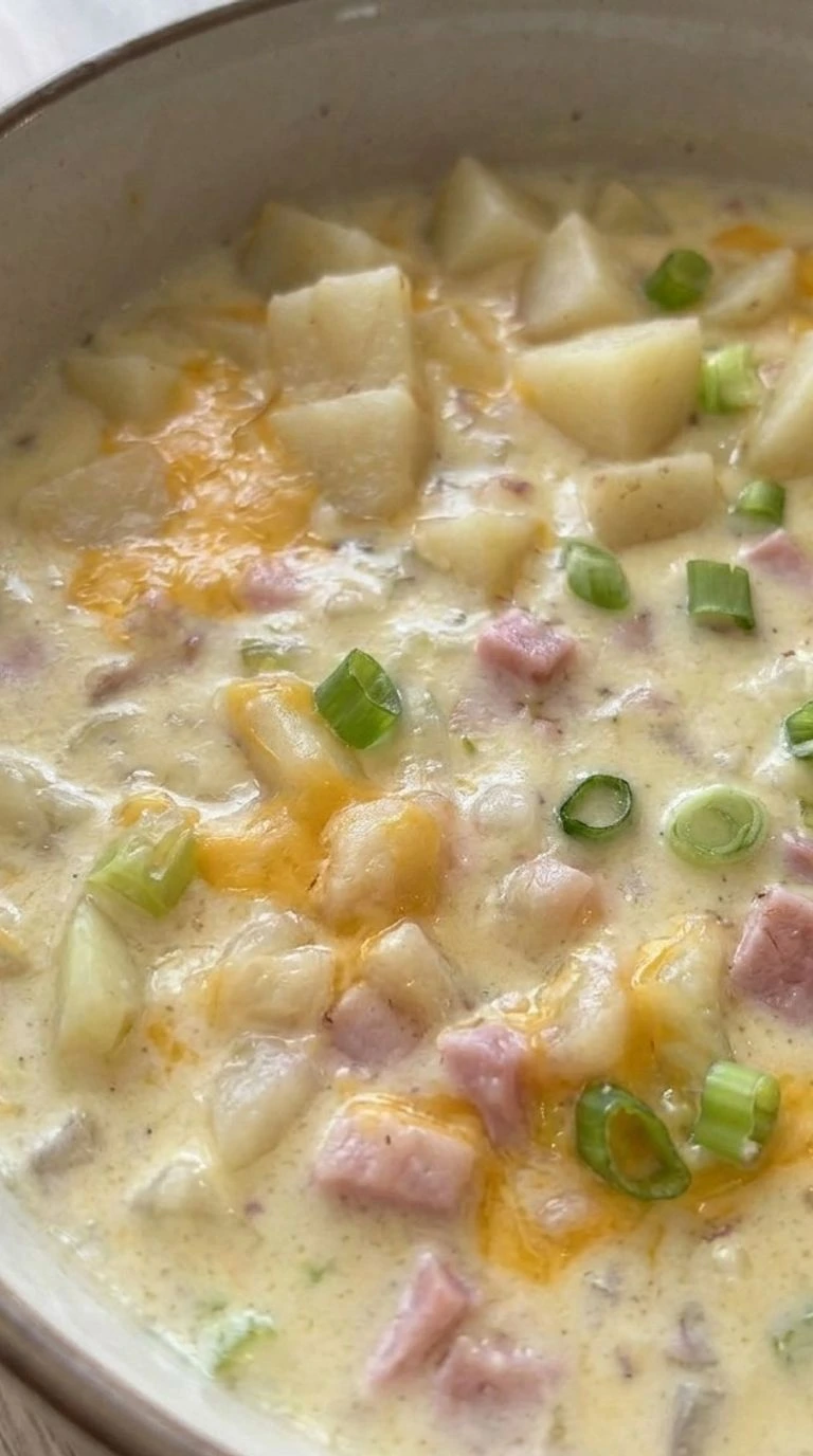 Crockpot Potato Soup with creamy broth, potato chunks and ham in a serving bowl Recipe focus: potato soup crock pot.