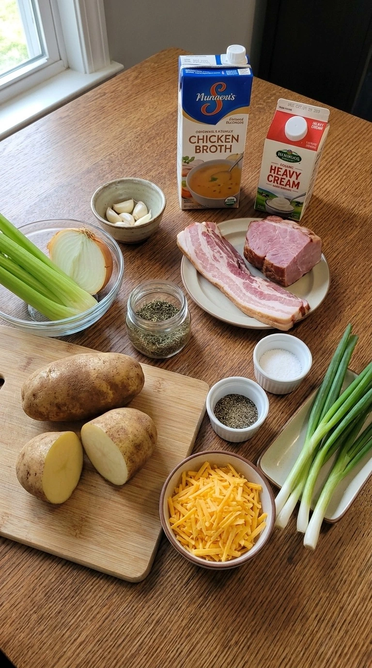 Crockpot Potato Soup ingredients including russet potatoes ham and creamy soup components Recipe focus: easy crockpot potato soup.